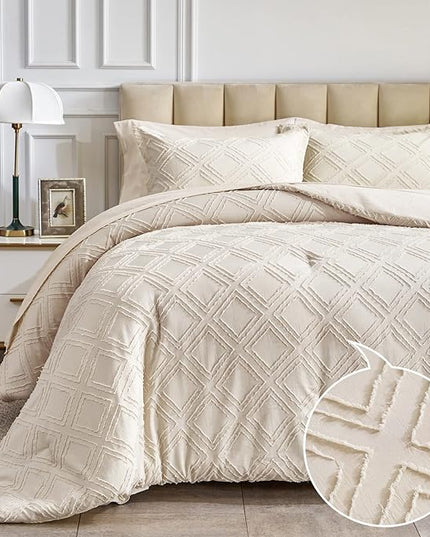 7 Pieces Tufted Bed in a Bag King Comforter Set with Sheets Beige, Soft and Embroidery Shabby Chic Boho Bohemian, Luxury Solid Color with Diamond Pattern, Jacquard Tufts Bedding Set for All Season - LeafyLoom