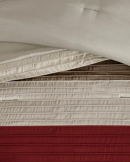 Madison Park Amherst Faux Silk Comforter Set-Casual Contemporary Design All Season Down Alternative Bedding, Matching Shams, Bedskirt, Decorative Pillows, Queen(90"x90"), Red, 7 Piece (MP10-037) - LeafyLoom