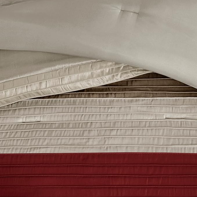 Madison Park Amherst Faux Silk Comforter Set-Casual Contemporary Design All Season Down Alternative Bedding, Matching Shams, Bedskirt, Decorative Pillows, Queen(90"x90"), Red, 7 Piece (MP10-037) - LeafyLoom