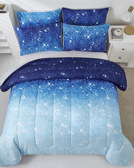 Blue Glitter Comforter Set Full/Queen Size for Boys Girls, Sparkle Galaxy Twinkle Starlight Kids Teen, 3 Piece Aqua Navy Ombre Bedding with 2 Pillow Cases(Blue,Queen), Queen(3-Piece) - LeafyLoom