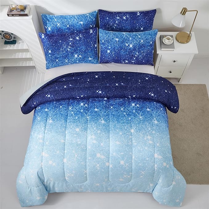 Blue Glitter Comforter Set Full/Queen Size for Boys Girls, Sparkle Galaxy Twinkle Starlight Kids Teen, 3 Piece Aqua Navy Ombre Bedding with 2 Pillow Cases(Blue,Queen), Queen(3-Piece) - LeafyLoom