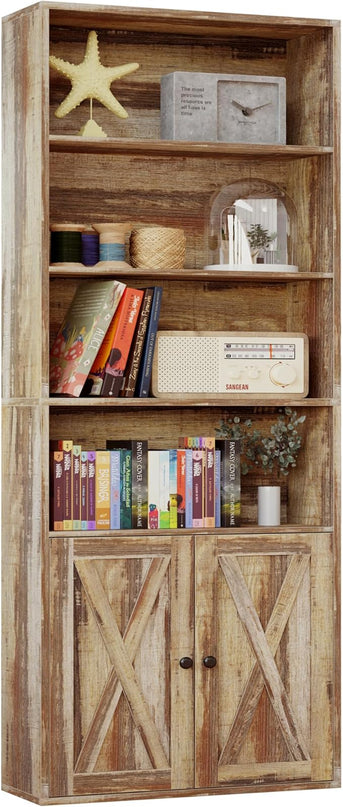 IRONCK Industrial Bookshelves and Bookcases with Doors Floor Standing 6 Shelf Display Storage Shelves 70 in Tall Bookcase for Home Office, Living Room - LeafyLoom