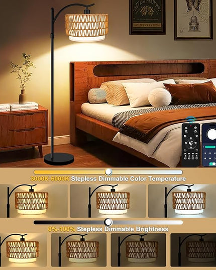 Arc Floor Lamp for Living Room with 3 Color Temperatures, Farmhouse Floor Lamps with Remote & Dimmable Bulb, Rattan Boho Standing Lamp with Fabric Shades, Adjustable Tall Lamp for Bedroom Office - LeafyLoom