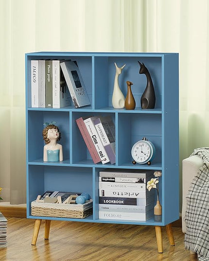 YAHARBO 5 Cube Bookshelf, Blue Kids Book Shelf with Cubby Storage,Wooden Modern Bookcase with Legs,3 Tier Freestanding Display Book Case,Children Toy Organizer,Bookshelves for Office,Nursery,Playroom - LeafyLoom