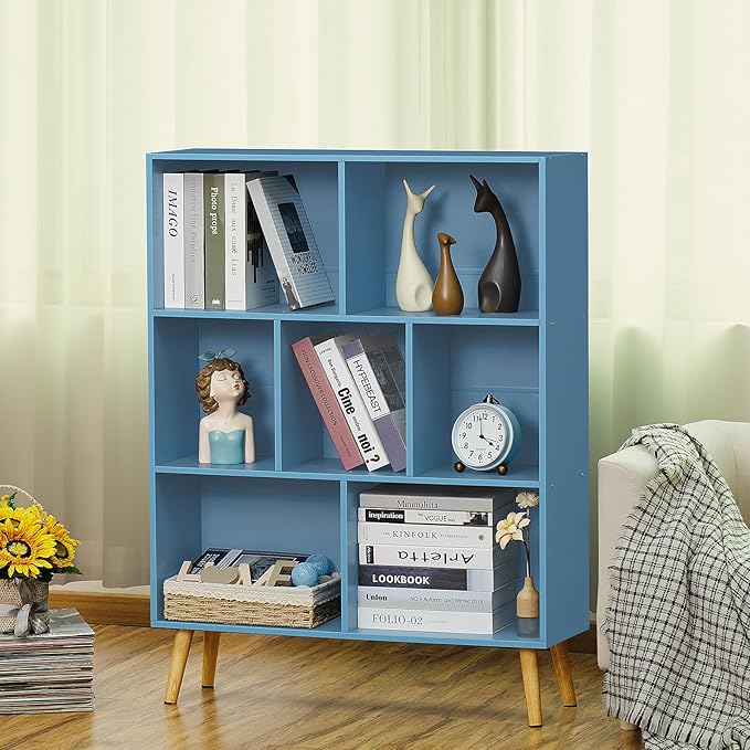 YAHARBO 5 Cube Bookshelf, Blue Kids Book Shelf with Cubby Storage,Wooden Modern Bookcase with Legs,3 Tier Freestanding Display Book Case,Children Toy Organizer,Bookshelves for Office,Nursery,Playroom - LeafyLoom