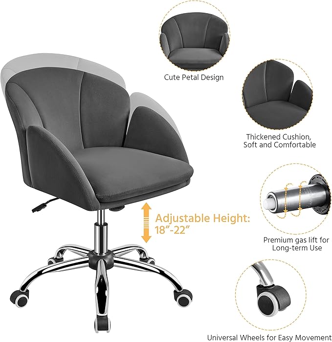 Yaheetech Cute Velvet Desk Chair for Home Office, Makeup Vanity Chair with Armrests for Bedroom Modern Swivel Rolling Chair for Women Dark Gray - LeafyLoom