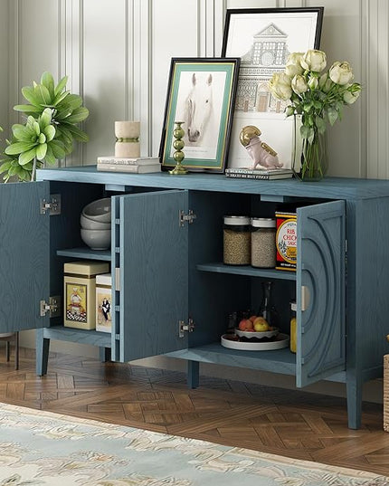 Retro Sideboard with Circular Groove Design Round Metal Door Handle,Wooden Buffet Cabinet,W/Adjustable Shelves & Open Countertop,for Entrance Living Dinning Room,Antique Blue, 60" - LeafyLoom