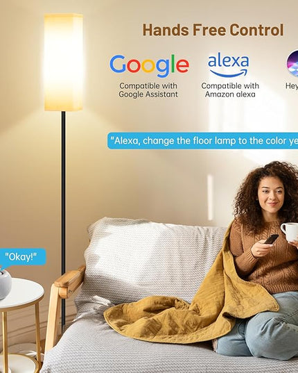 Smart RGB Floor Lamp for Living Room, Bedroom, Modern LED Standing Tall Lamp, WiFi Music Smart Corner Lamp with Remote Control, Dimmable, Compatible with Alexa and Google Home (2 lampshades) - LeafyLoom