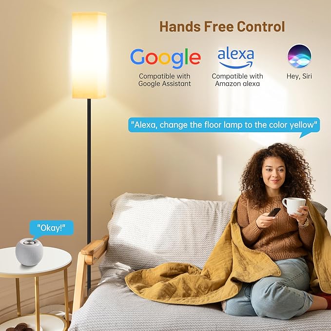 Smart RGB Floor Lamp for Living Room, Bedroom, Modern LED Standing Tall Lamp, WiFi Music Smart Corner Lamp with Remote Control, Dimmable, Compatible with Alexa and Google Home (2 lampshades) - LeafyLoom