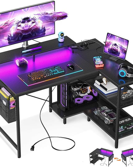 ODK 40 Inch Gaming Desk with USB Power Outlets and LED Lights, Reversible L Shaped Computer Desk with Storage Shelves & Monitor Stand, Corner Home Office Desk Table, Carbon Fiber Surface, Black - LeafyLoom
