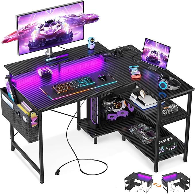 ODK 40 Inch Gaming Desk with USB Power Outlets and LED Lights, Reversible L Shaped Computer Desk with Storage Shelves & Monitor Stand, Corner Home Office Desk Table, Carbon Fiber Surface, Black - LeafyLoom