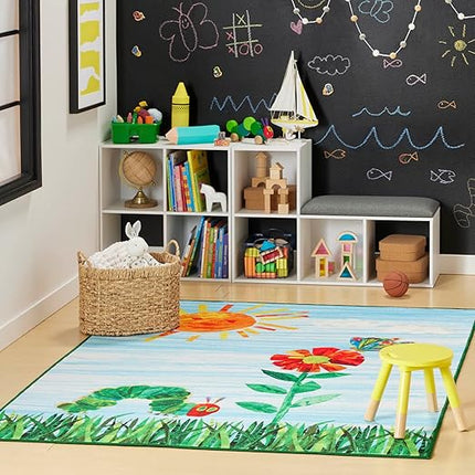 Eric Carle Home Dynamix The Very Hungry Caterpillar Elementary Sun Scene Kids Machine Washable Area Rug, Blue/Green, 35"x51" - LeafyLoom