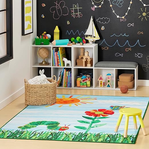 Eric Carle Home Dynamix The Very Hungry Caterpillar Elementary Sun Scene Kids Machine Washable Area Rug, Blue/Green, 35"x51" - LeafyLoom