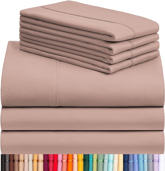 LuxClub 7 PC Split King Sheet Set, Breathable Luxury Bed Sheets, Deep Pockets 18" Eco Friendly Wrinkle Free Cooling Sheets Machine Washable Hotel Bedding Silky Soft - Pearl Pink Split King - LeafyLoom