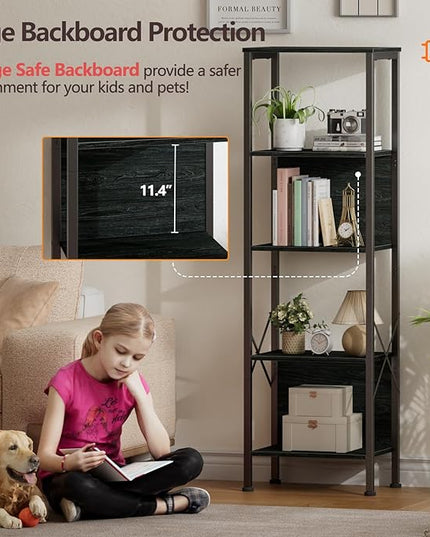 Furologee 5 Tier Tall Bookshelf with Back, Industrial Narrow Bookcase, Display Standing Shelf Units, Metal and Wood Storage Corner Shelves Organizer for Bedroom, Living Room, Entryway, Kitchen, Black - LeafyLoom