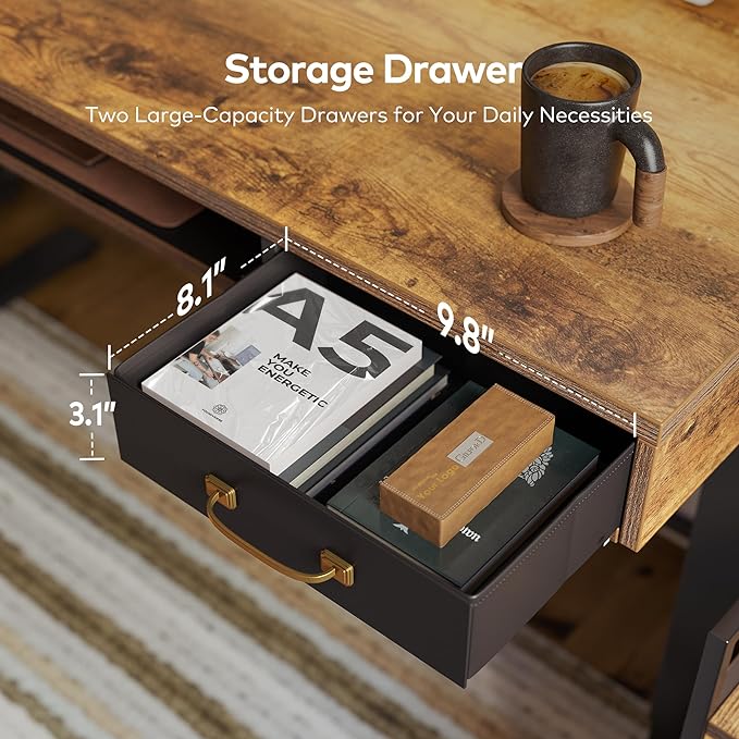 FEZIBO 48 x 24 Inch Height Adjustable Electric Standing Desk with Double Drawers&Keyboard Tray, Stand Up Desk with LED Strips, Sit Stand Desk with Monitor Stand, Rustic Brown - LeafyLoom