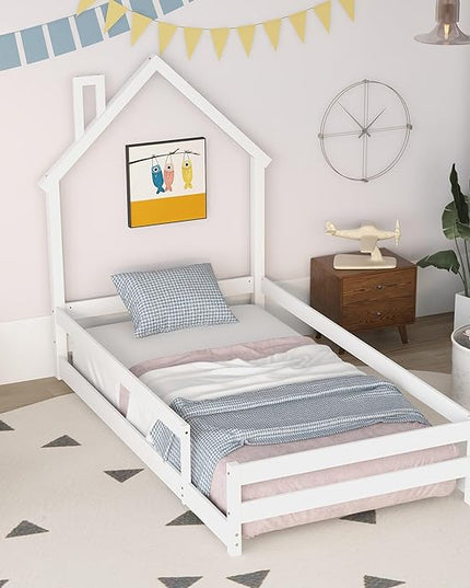 Bellemave Twin Size House-Shaped Headboard Floor Bed with Fences, Wooden Montessori Bed for Kids,House Bed Twin Frame for Girls,Boys (White) - LeafyLoom