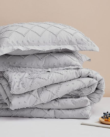 Bedsure Full Size Comforter Set - Light Grey Comforter, Boho Tufted Shabby Chic Bedding Comforter Set, 3 Pieces Farmhouse Bed Set for All Seasons, Fluffy Soft Bedding Set with 2 Pillow Shams - LeafyLoom