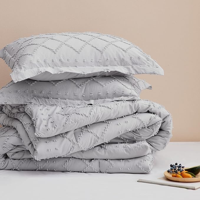 Bedsure Full Size Comforter Set - Light Grey Comforter, Boho Tufted Shabby Chic Bedding Comforter Set, 3 Pieces Farmhouse Bed Set for All Seasons, Fluffy Soft Bedding Set with 2 Pillow Shams - LeafyLoom