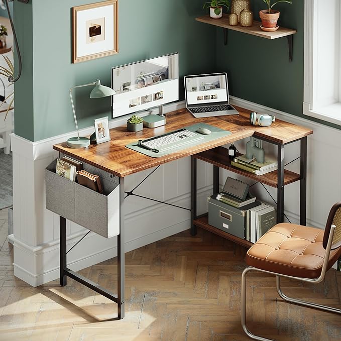 BANTI L Shaped Small Computer Desk with Storage Shelves, 55" Home Office Small Corner Desk Study Writing Table, Deep Brown - LeafyLoom