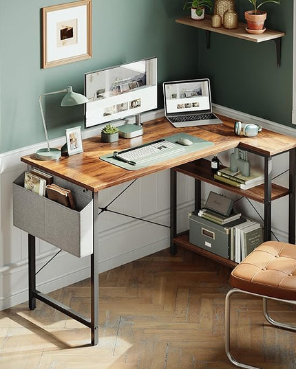 BANTI L Shaped Small Computer Desk with Storage Shelves, 47" Home Office Small Corner Desk Study Writing Table, Deep Brown - LeafyLoom