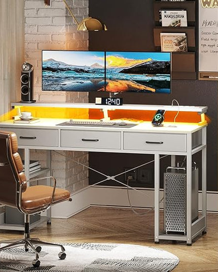 AODK 55 inch Computer Desk with 3 Drawers, Gaming Desk with LED Lights & Power Outlets, Home Office Desk with Storage Shelves & Monitor Stand, Modern Work Study Writing Table for Small Spaces, White - LeafyLoom