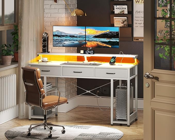 AODK 55 inch Computer Desk with 3 Drawers, Gaming Desk with LED Lights & Power Outlets, Home Office Desk with Storage Shelves & Monitor Stand, Modern Work Study Writing Table for Small Spaces, White - LeafyLoom