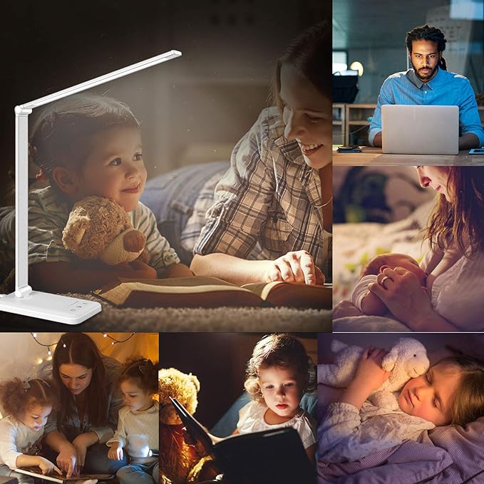 Linkstyle LED Desk Lamp, Table Light with USB Charging Port, Foldable Dimmable 5 Modes 10 Brightness Levels Touch Control Desk Light Auto Timer Eye Caring Book Reading Lamps for Home Office - LeafyLoom