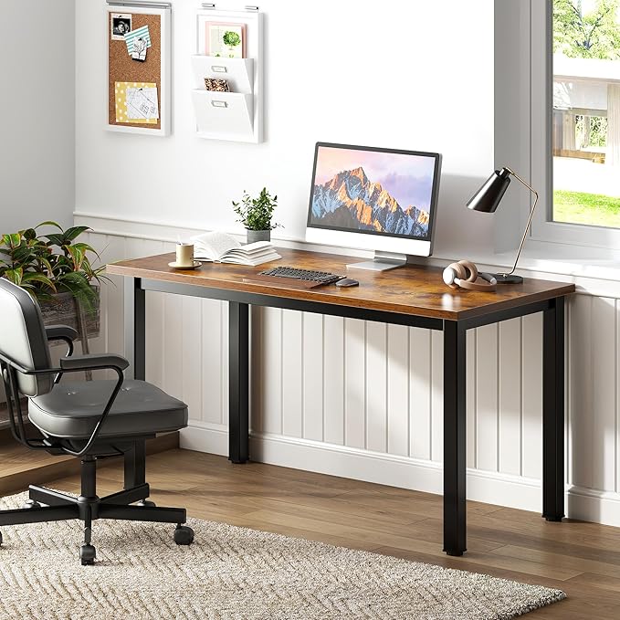 Need Computer Desk, 47 inch Home Office Desk, Modern Simple Style Home Office Gaming Desk, Basic Writing Table for Study Student, Black Metal Frame, Rustic Brown - LeafyLoom