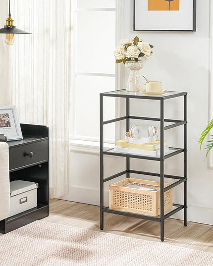 HOOBRO 3-Tier Bookcase, Tempered Glass Bookshelves, Record Storage Rack with Side Fence, Storage Shelves for Bathroom, Slim Shelving Unit for for Living Room, Home Office, Black BK81CJ01 - LeafyLoom