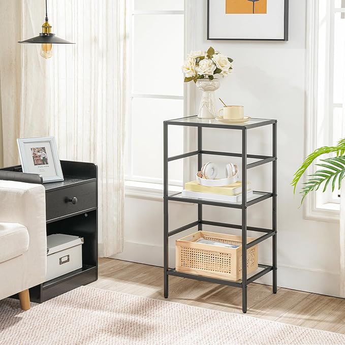 HOOBRO 3-Tier Bookcase, Tempered Glass Bookshelves, Record Storage Rack with Side Fence, Storage Shelves for Bathroom, Slim Shelving Unit for for Living Room, Home Office, Black BK81CJ01 - LeafyLoom