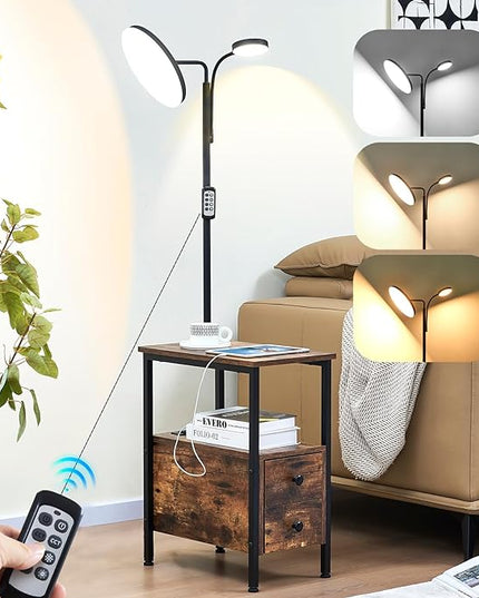 Dungoo 59" LED Floor Lamp with Table, End Table with Adjustable Reading Light, Side Table with USB & Type-C Ports and 2 Outlets, Narrow End Table with Lamp Attached for Living Room Bedroom - LeafyLoom