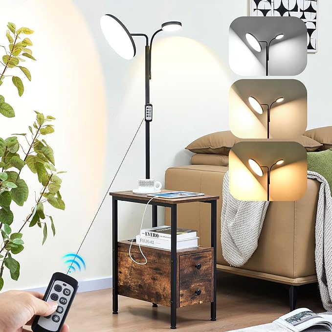 Dungoo 59" LED Floor Lamp with Table, End Table with Adjustable Reading Light, Side Table with USB & Type-C Ports and 2 Outlets, Narrow End Table with Lamp Attached for Living Room Bedroom - LeafyLoom