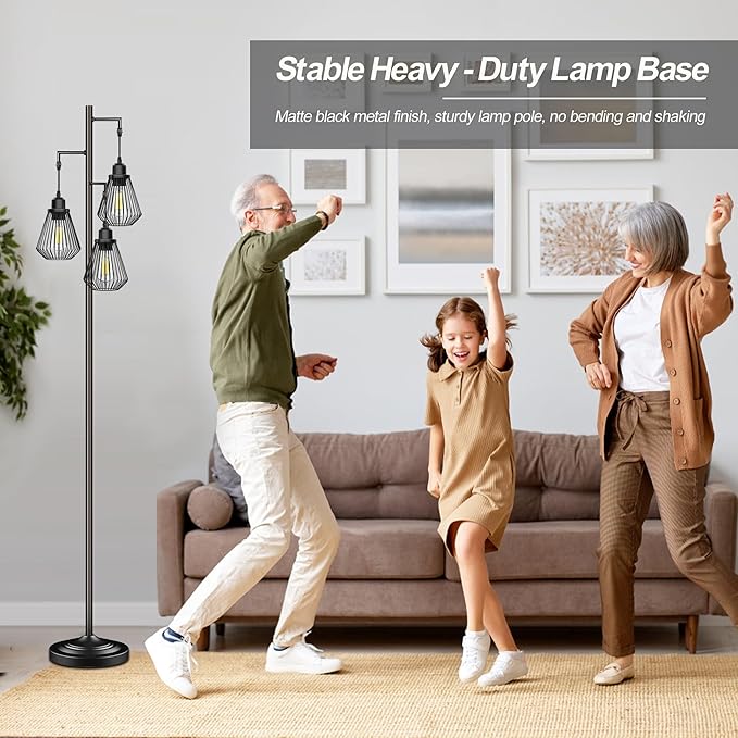 Industrial Floor Lamps for Living Room, Farmhouse Standing Lamp with 3 Hanging Teardrop Cage Shades, 68" Modern Rustic Tree Tall Lamps with Pedal Switch for Bedroom Office Home Light Decor, Black - LeafyLoom