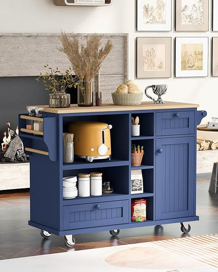 Mobile Kitchen Cart with Storage Cabinet & Solid Wood Desktop, Kitchens Island on Wheels w/Adjustable Shelf and Drawer, Floor Standing Buffet Sideboard for Dining Room, Bar - LeafyLoom