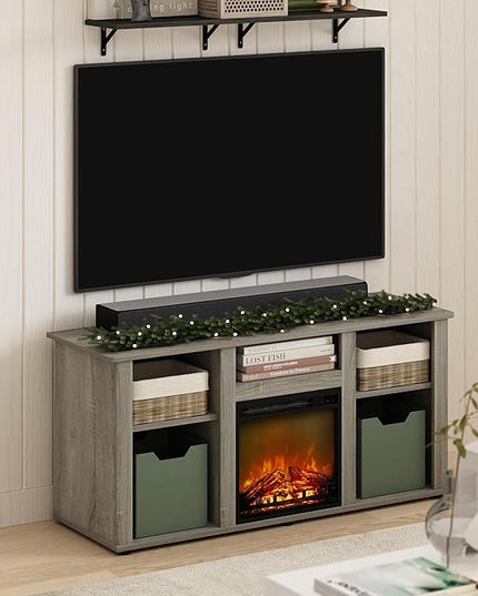 Furinno Jensen Fireplace TV Entertainment Center with Open Storage Compartment for TV up to 55 Inch, French Oak Grey - LeafyLoom