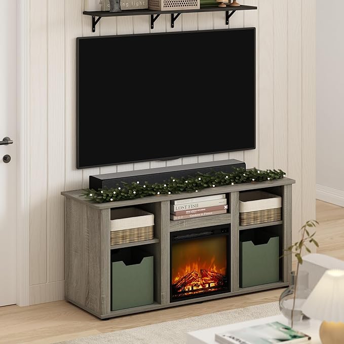 Furinno Jensen Fireplace TV Entertainment Center with Open Storage Compartment for TV up to 55 Inch, French Oak Grey - LeafyLoom