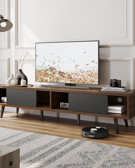 Bestier 70 inch Mid Century Modern TV Stand for 75 inch TV, Low Profile TV Stand with Storage, Entertainment Center for Living Room, Cord Management, Walnut - LeafyLoom