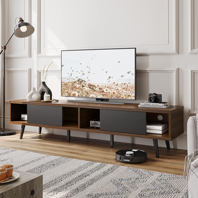 Bestier 70 inch Mid Century Modern TV Stand for 75 inch TV, Low Profile TV Stand with Storage, Entertainment Center for Living Room, Cord Management, Walnut - LeafyLoom