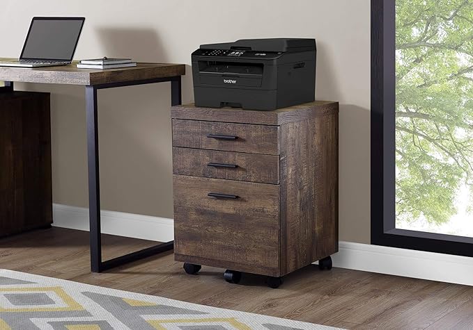 Monarch Specialties 7400, Rolling Mobile, Storage, Printer Stand, Office, Work, Laminate, Brown, Contemporary, Modern Filing Cabinet-3 Drawer Reclaimed Wood/Castors, 18.25" L x 17.75" W x 25.25" H - LeafyLoom