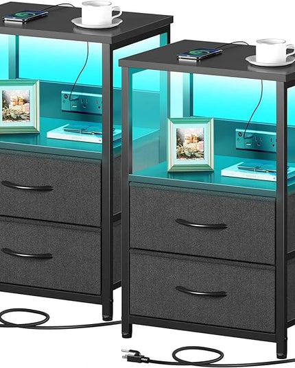 Seventable Nightstand set of 2 with Charging Station, Bedside table with LED Lights, Night stand with 2 Fabric Drawers, 3-Tier Storage End Table for Bedroom, Black - LeafyLoom