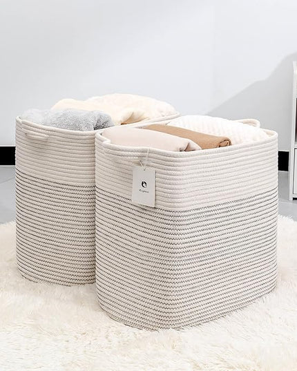 Hampers for Bins Large Blanket Basket,Storage Basket Rectangle Woven Baskets for Storage, Nursery Cotton Rope Basket Living Room, Toy Basket For Organizing, With Handle Dirty Clothes Basket - LeafyLoom