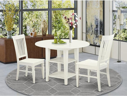 East West Furniture SUWE3-LWH-W Sudbury 3 Piece Modern Set Contains a Round Wooden Table with Dropleaf & Shelves and 2 Dining Room Chairs, 42x42 Inch, Linen White - LeafyLoom