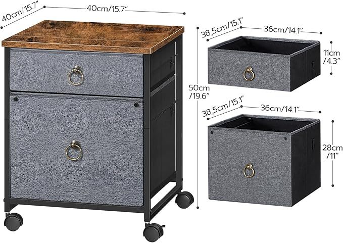HOOBRO File Cabinet, 2-Drawer Filing Cabinet, Vertical Mobile Office Cabinet, Rolling Printer Stand, for A4/Letter Size Files, Nonwovens Drawer, for Home Office, Rustic Brown and Gray BFG21WJ01 - LeafyLoom
