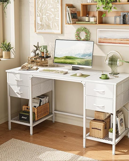 55 Inch Computer Desk with 4 Drawers, Office Desk with Mesh Shelf, Gaming Desk, Large Storage, Writing Desk Work Desk for Home Office, Study, Bedroom, Work from Home, White - LeafyLoom