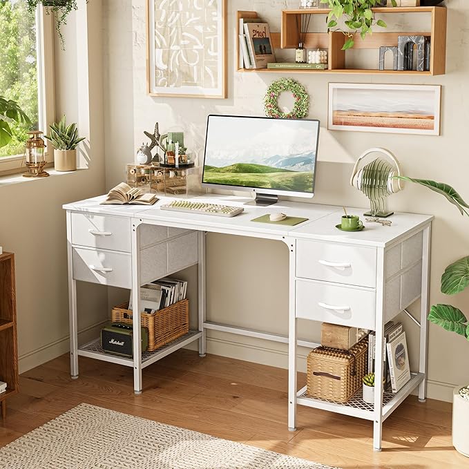 55 Inch Computer Desk with 4 Drawers, Office Desk with Mesh Shelf, Gaming Desk, Large Storage, Writing Desk Work Desk for Home Office, Study, Bedroom, Work from Home, White - LeafyLoom