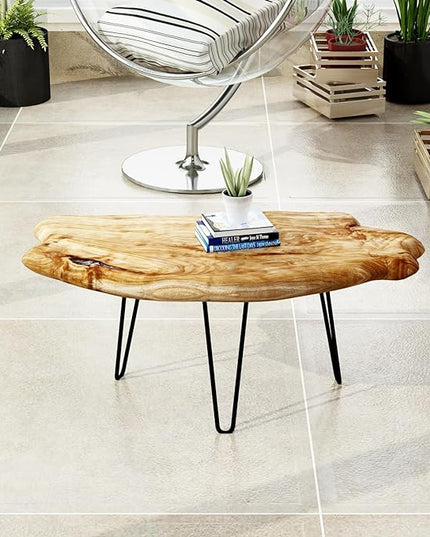 WELLAND Live Edge Cedar Wood Coffee Table Metal Hairpin Legs for Living Room - LeafyLoom