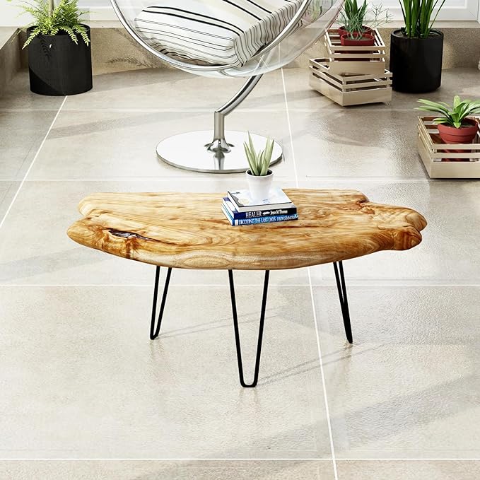 WELLAND Live Edge Cedar Wood Coffee Table Metal Hairpin Legs for Living Room - LeafyLoom