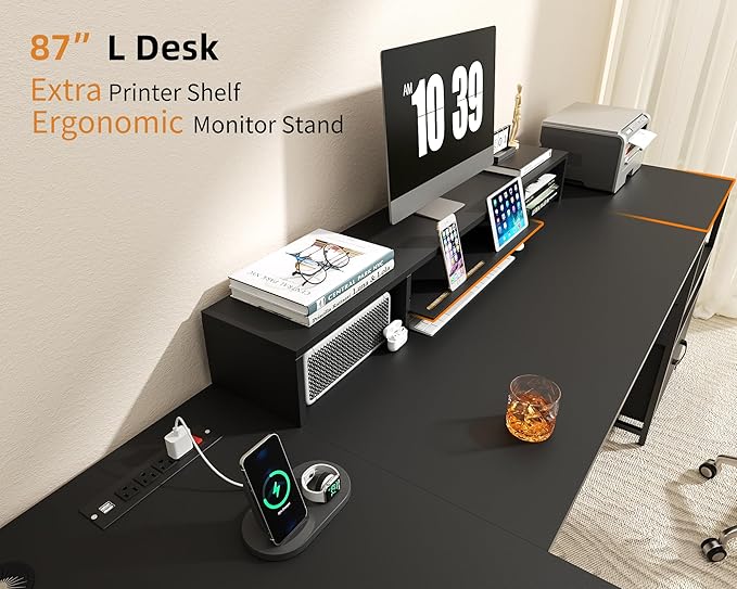 L Shaped Desk - 87" L Shaped Gaming Desk with Power Outlet & Monitor Shelf, Home Office Corner Computer Desk with Printer Shelf & File Drawer, Black - LeafyLoom