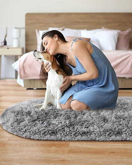 Noahas Oval Fluffy Grey Rainbow Rug 2.6X5.3 Small Kids Rugs for Bedroom Girls And Boys Aesthetic,Bedside Bedroom Rug,Ultra Soft Runner Carpet Modern Shaggy Nursery Area Rugs Home Deco - LeafyLoom